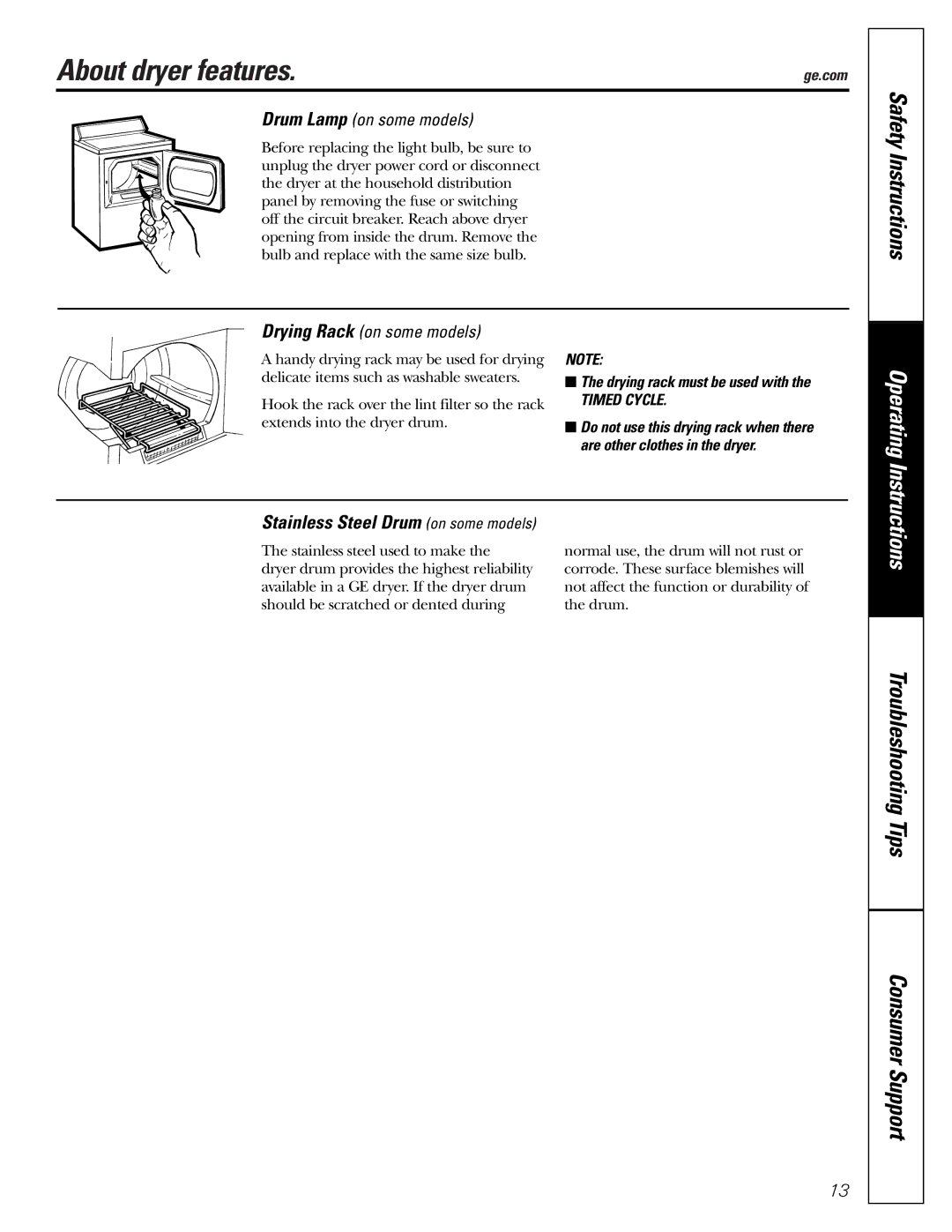 GE DX4500, DX2300 owner manual About dryer features, Operating 