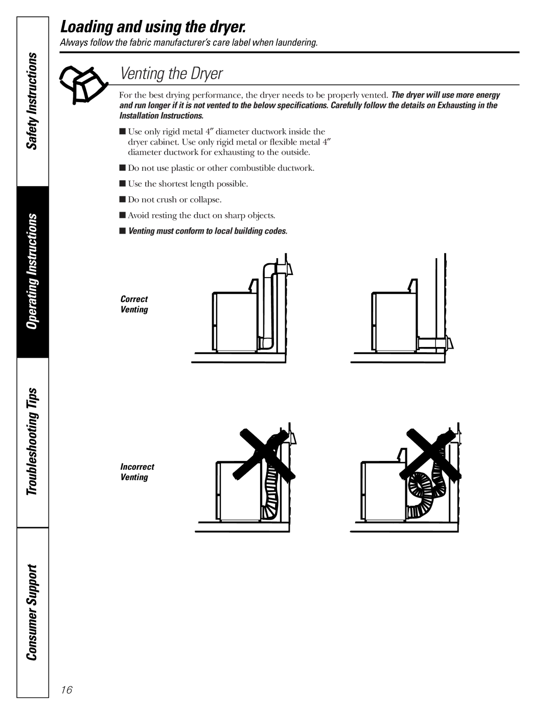 GE DX2300, DX4500 owner manual Venting the Dryer 