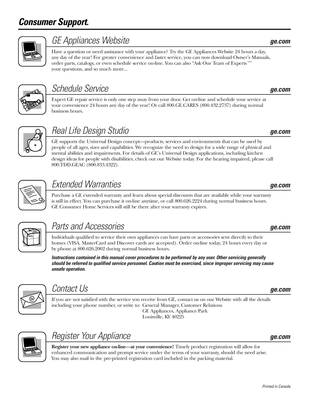 GE DX2300, DX4500 Consumer Support GE Appliances Website, Schedule Service, Real Life Design Studio, Extended Warranties 