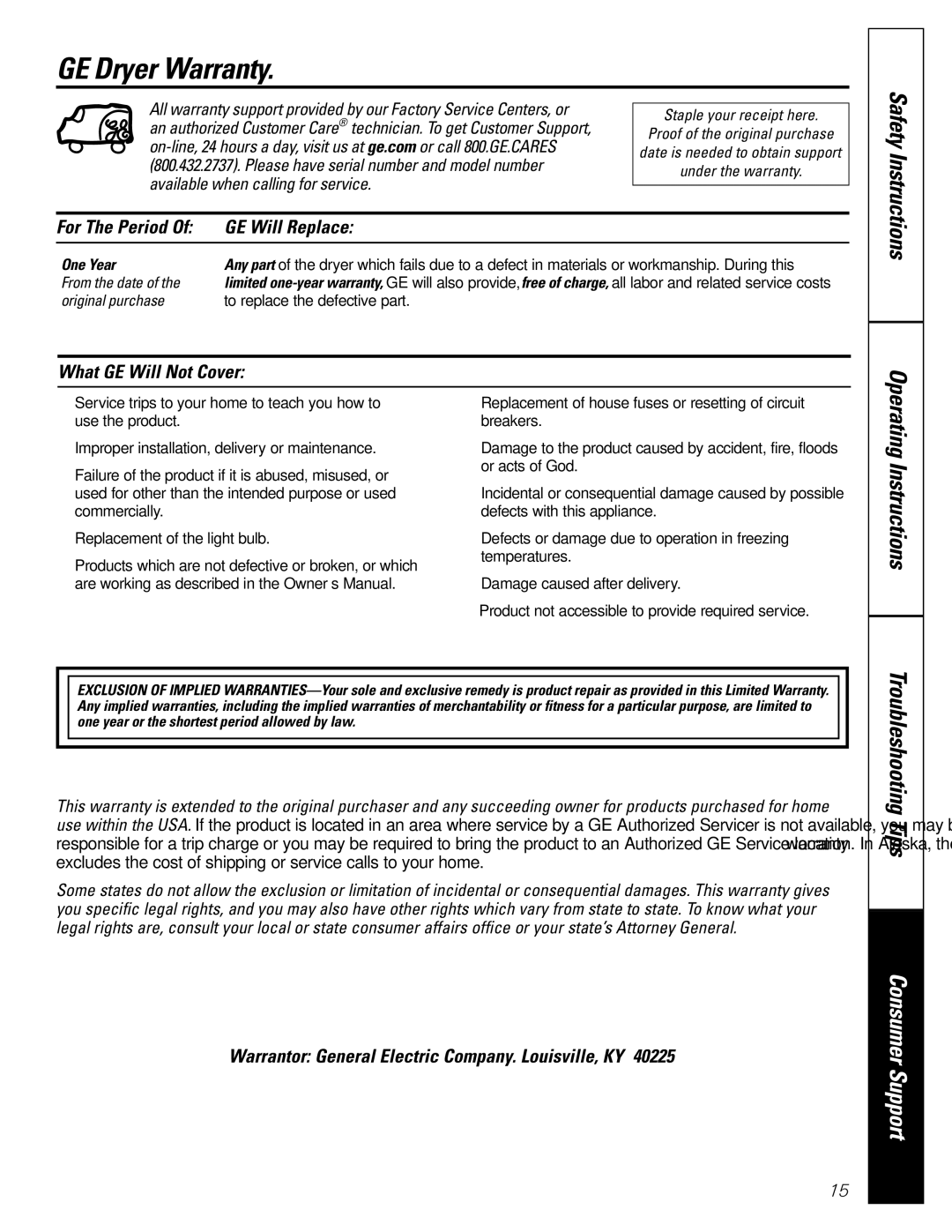 GE DBLR333, DZSR483 owner manual GE Dryer Warranty, For The Period GE Will Replace, What GE Will Not Cover 