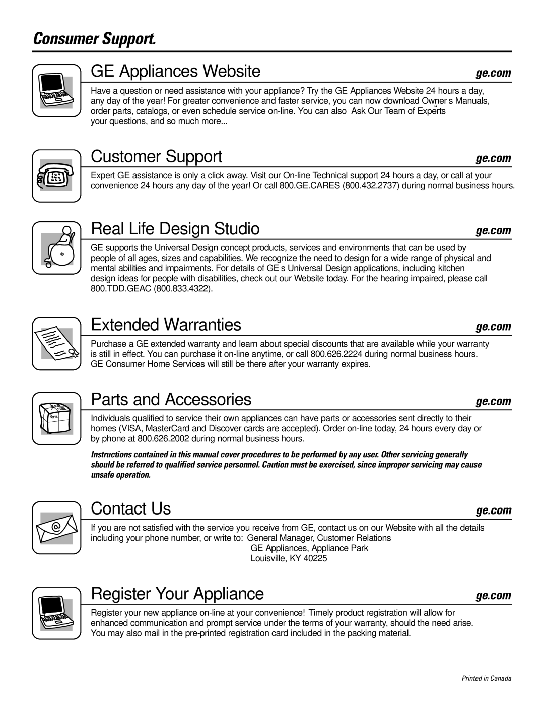 GE DZSR483, DBLR333 Consumer Support GE Appliances Website, Customer Support, Real Life Design Studio, Extended Warranties 