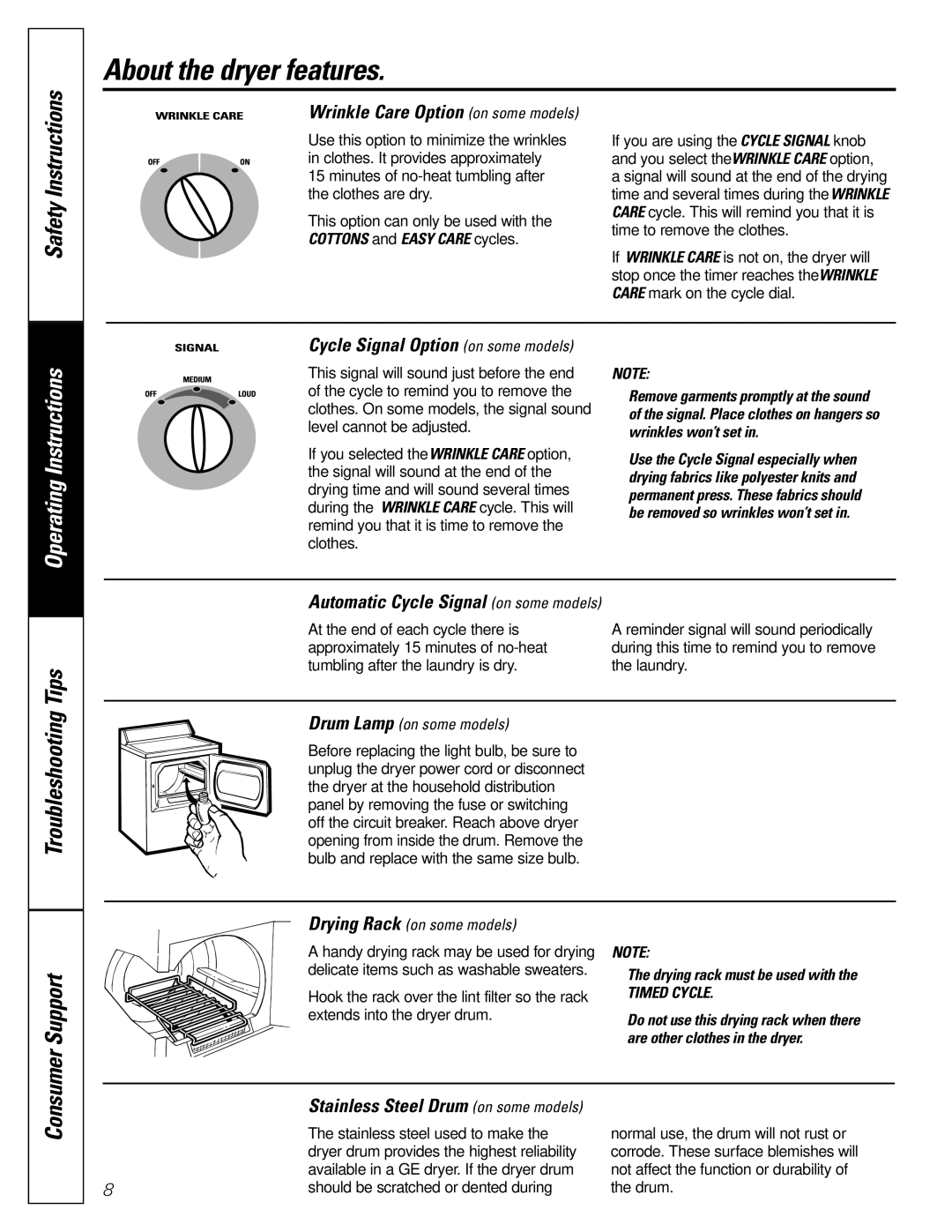 GE DZSR483, DBLR333 About the dryer features, Wrinkle Care Option on some models, Cycle Signal Option on some models 