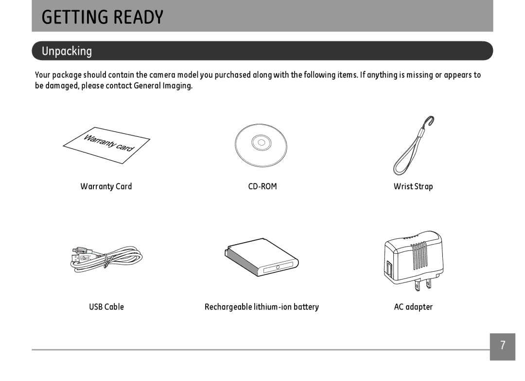 GE E1410SW-CP, E1410SW-BK, E1410SW-CR user manual Unpacking, USB Cable Rechargeable lithium-ion battery 