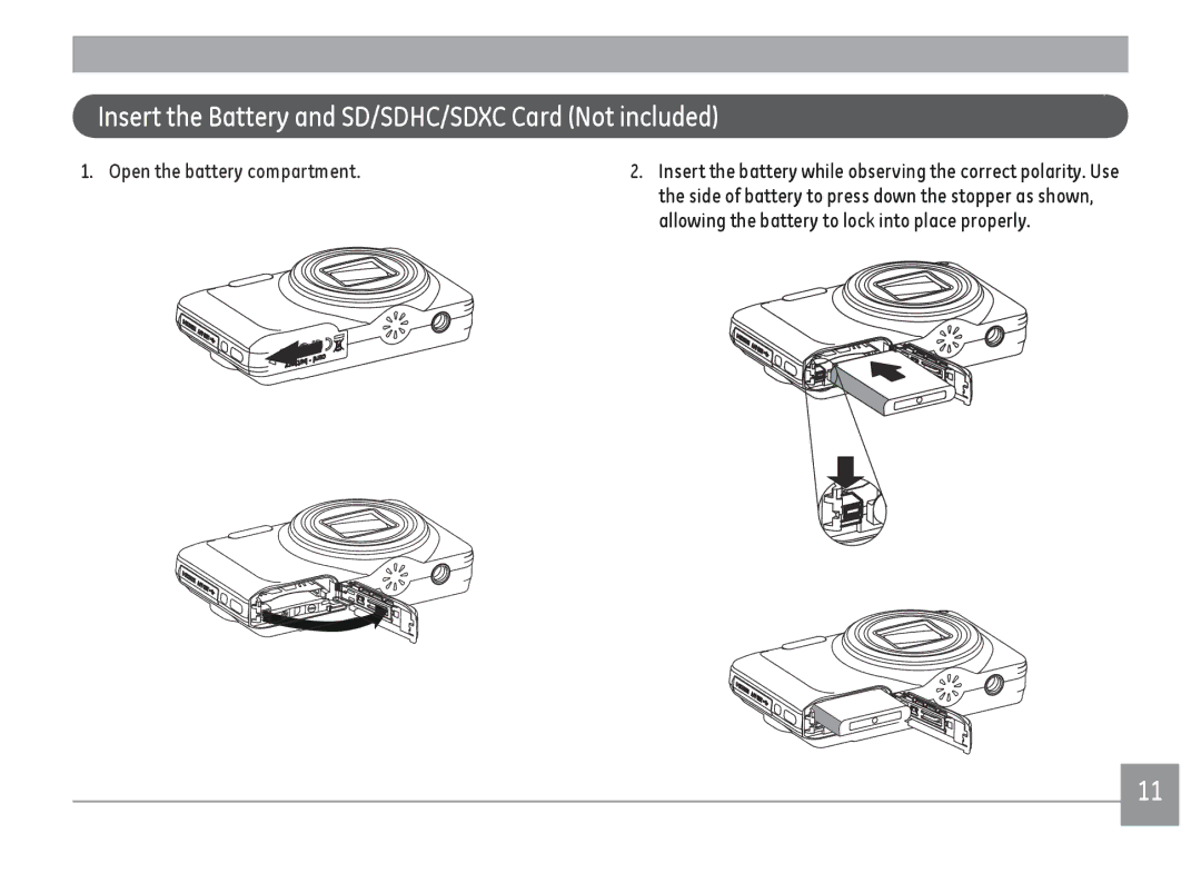 GE E1410SW-CR, E1410SW-BK, E1410SW-CP Insert the Battery and SD/SDHC/SDXC Card Not included, Open the battery compartment 