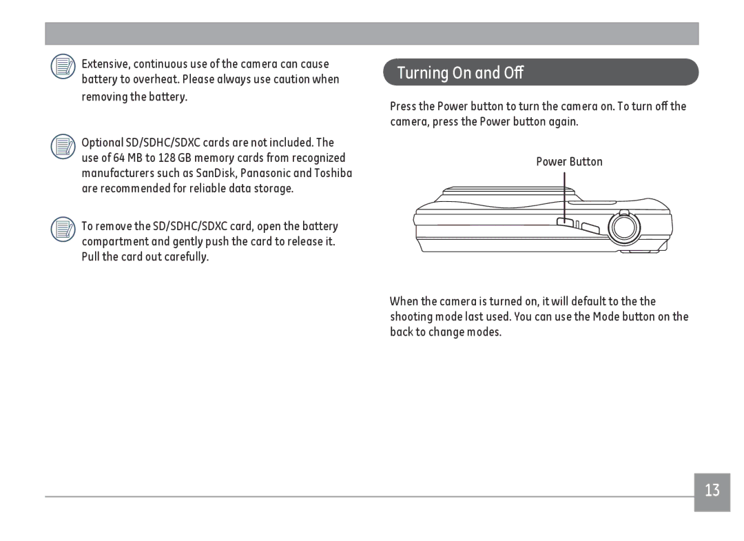 GE E1410SW-CP, E1410SW-BK, E1410SW-CR user manual Turning On and Off, Removing the battery 