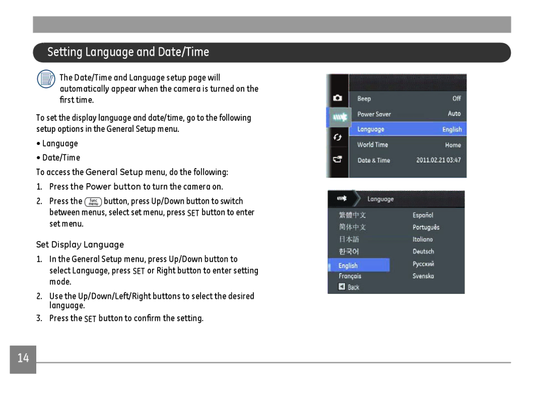 GE E1410SW-CR, E1410SW-BK, E1410SW-CP user manual Setting Language and Date/Time, Set Display Language 