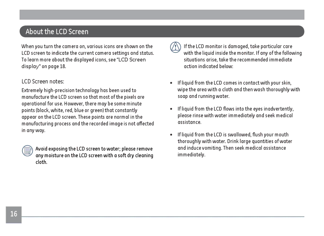 GE E1410SW-CP, E1410SW-BK, E1410SW-CR user manual About the LCD Screen, LCD Screen notes 