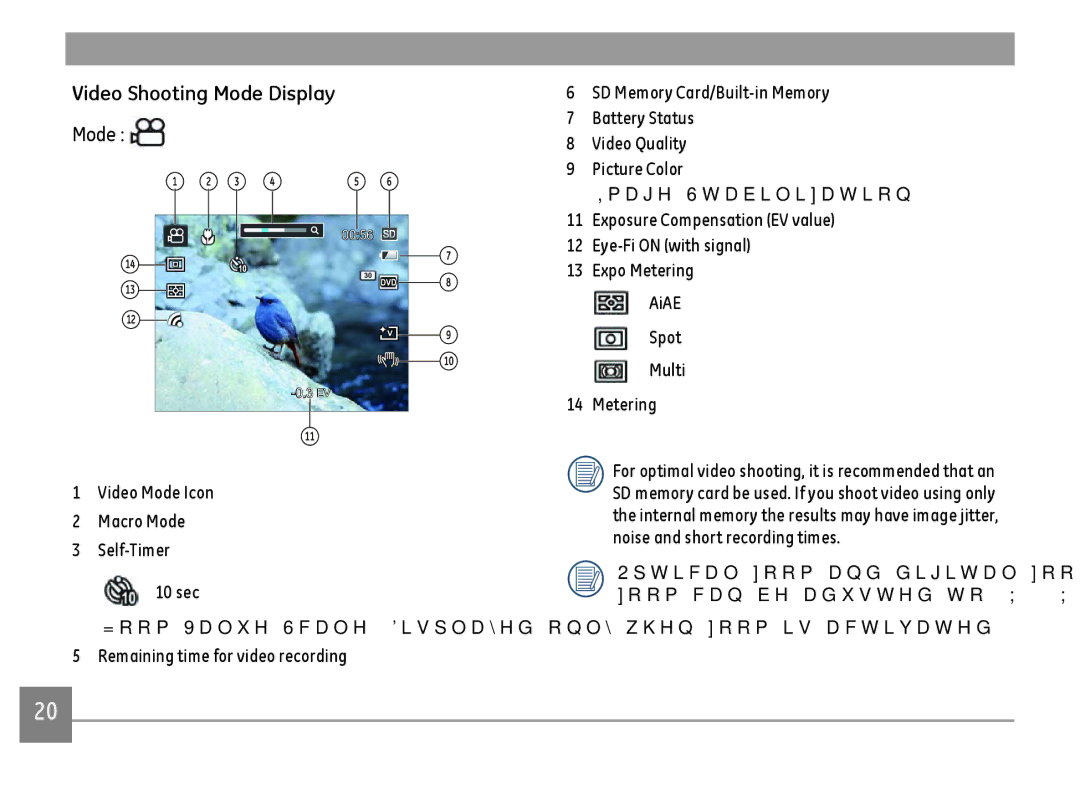 GE E1410SW-CR, E1410SW-BK, E1410SW-CP user manual Video Shooting Mode Display, Video Mode Icon Macro Mode Self-Timer 10 sec 