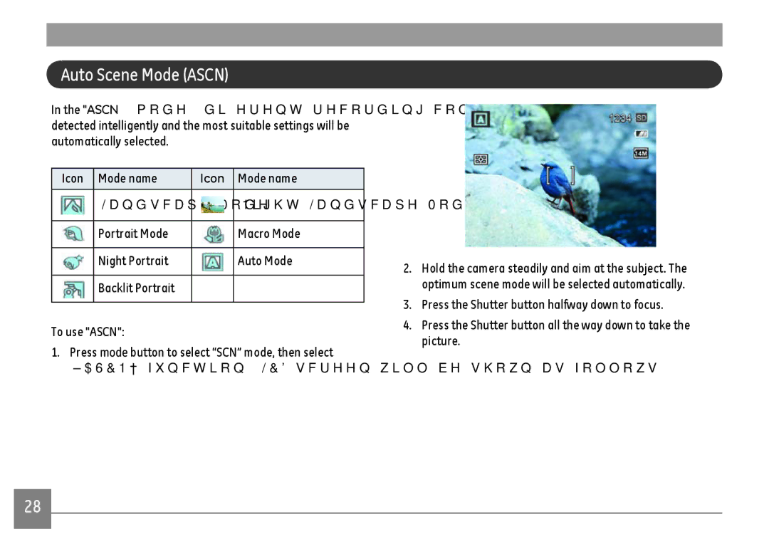 GE E1410SW-CP, E1410SW-BK, E1410SW-CR user manual Auto Scene Mode Ascn, Mode name 