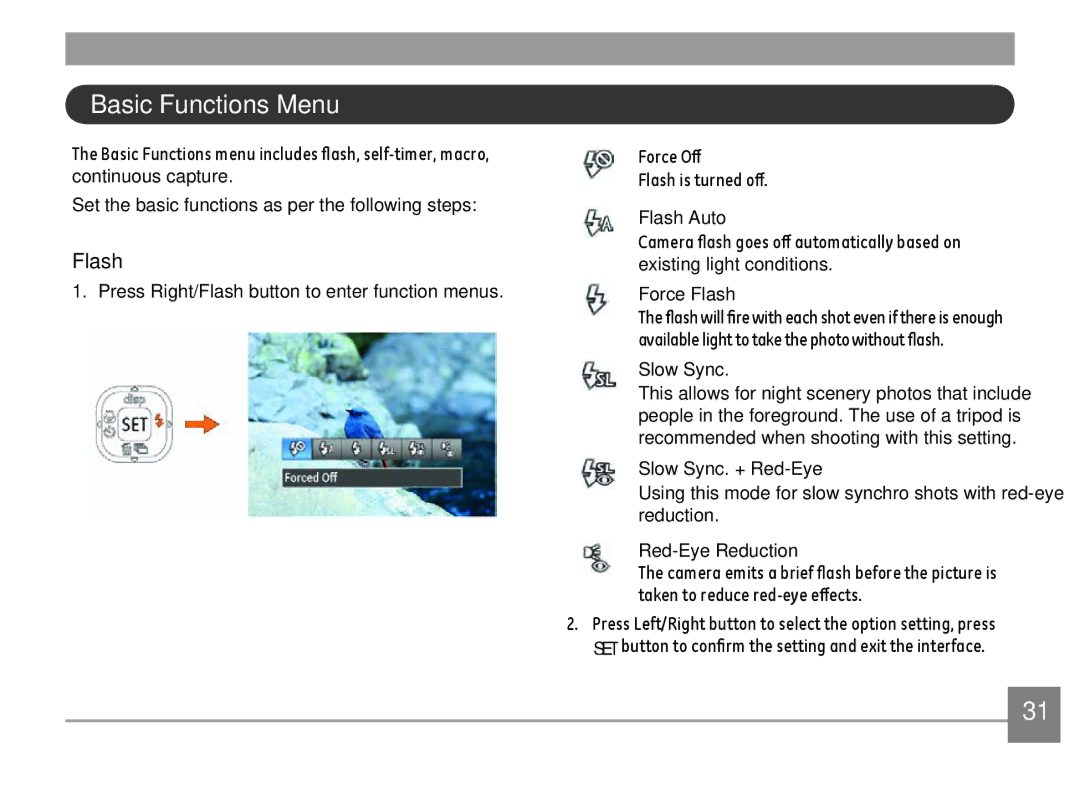 GE E1410SW-CP, E1410SW-BK, E1410SW-CR user manual Basic Functions Menu, Flash 