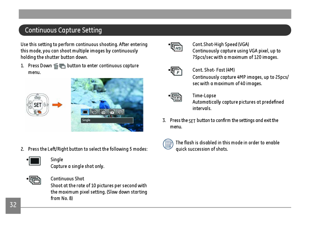 GE E1410SW-CR, E1410SW-BK, E1410SW-CP user manual Continuous Capture Setting, Cont. Shot- Fast 4M 