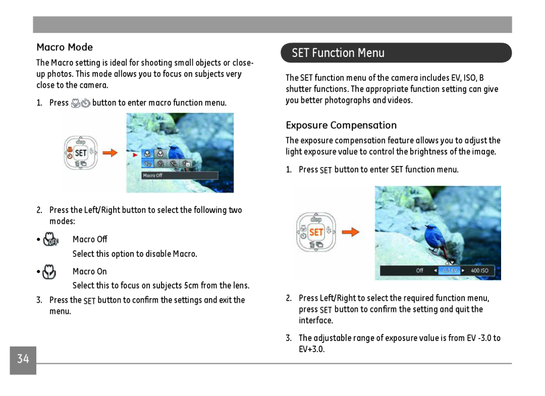 GE E1410SW-CP, E1410SW-BK, E1410SW-CR user manual SET Function Menu, Macro Mode, Exposure Compensation 