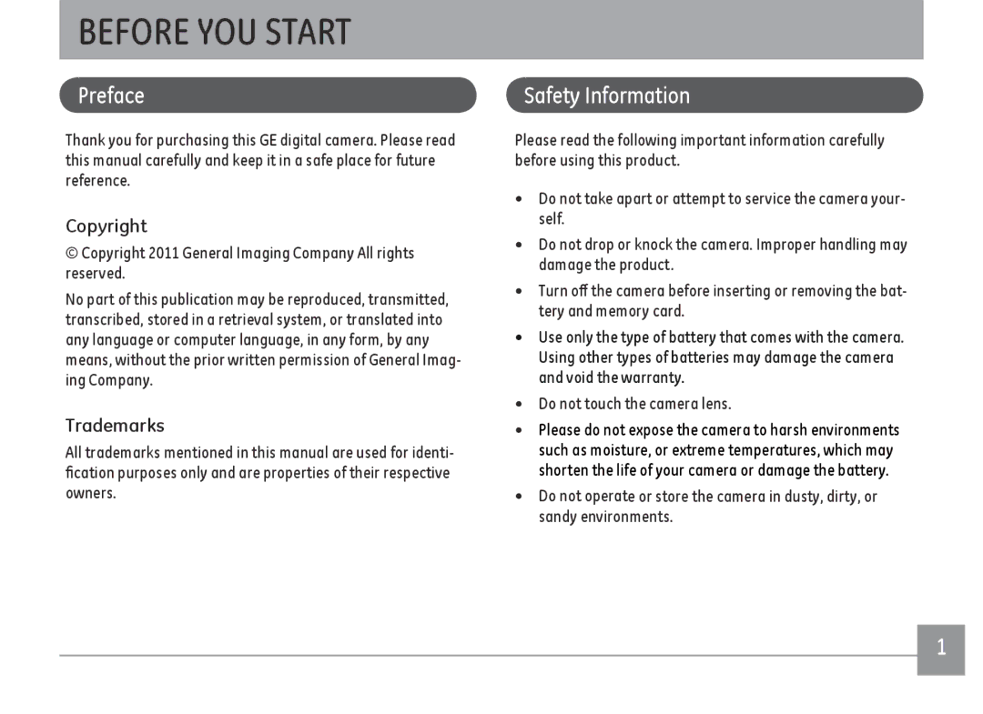 GE E1410SW-CP, E1410SW-BK, E1410SW-CR user manual Preface, Safety Information, Copyright, Trademarks 