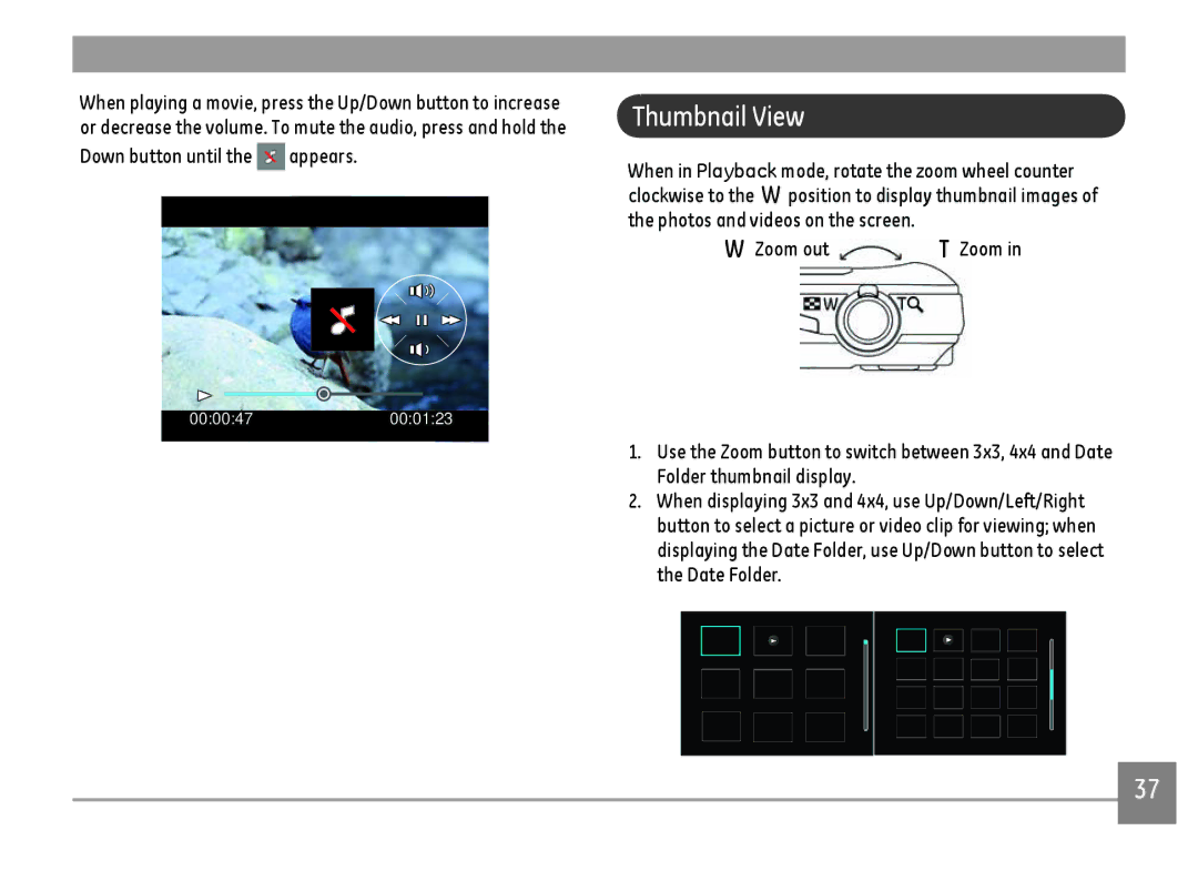 GE E1410SW-CP, E1410SW-BK, E1410SW-CR user manual Thumbnail View, Down button until the appears 