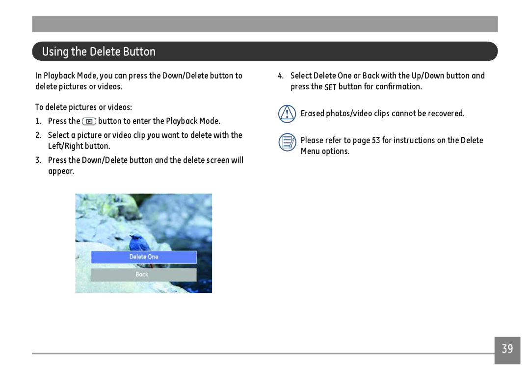 GE E1410SW-BK, E1410SW-CP, E1410SW-CR user manual Using the Delete Button 