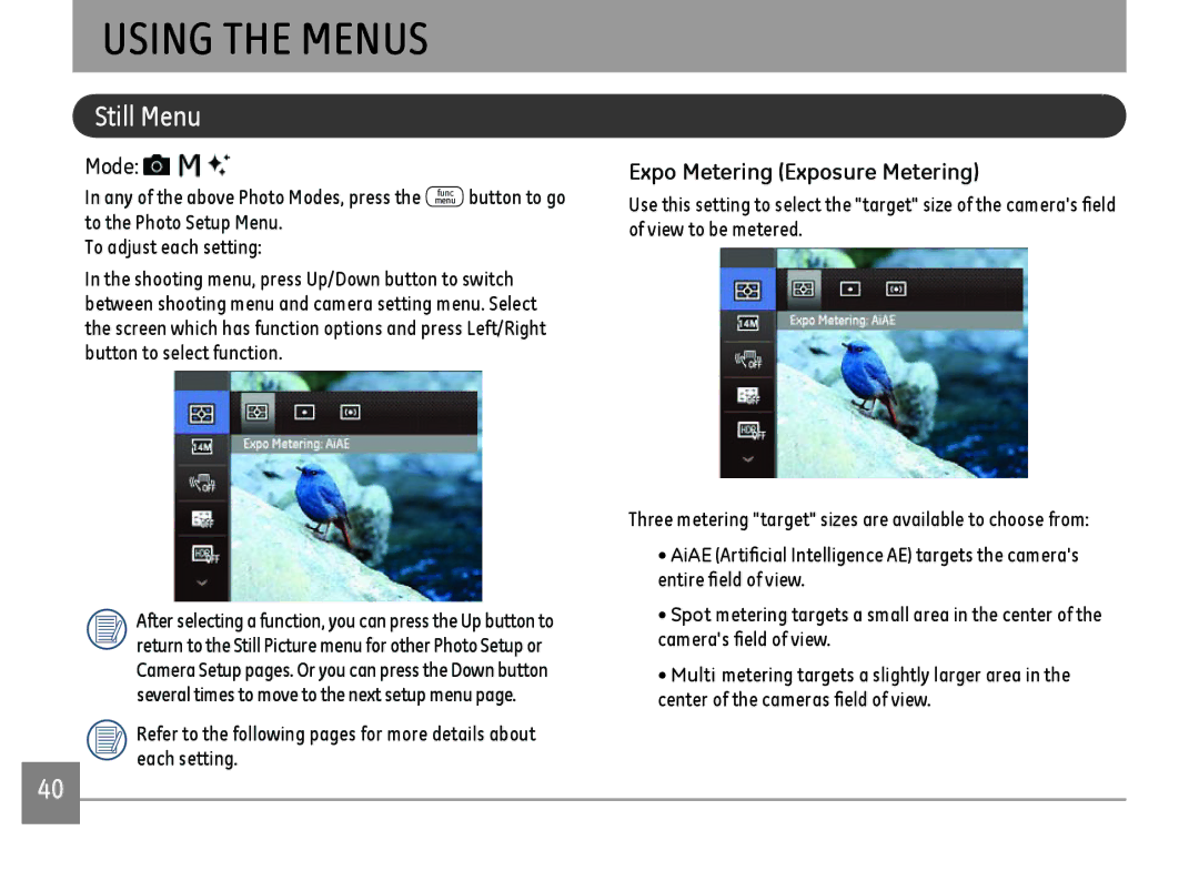 GE E1410SW-CP, E1410SW-BK Still Menu, Expo Metering Exposure Metering, To the Photo Setup Menu To adjust each setting 