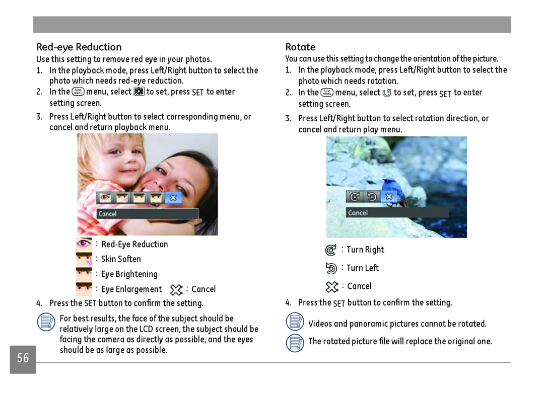 GE E1410SW-CR, E1410SW-BK, E1410SW-CP Red-eye Reduction, Rotate, Use this setting to remove red eye in your photos 