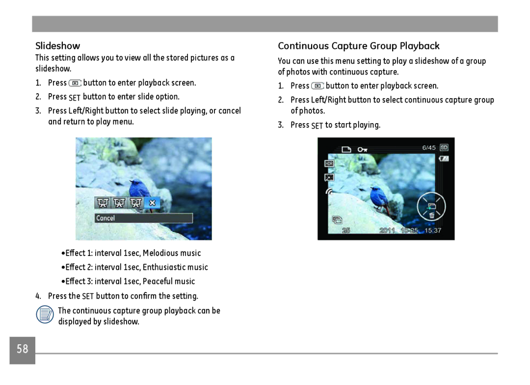 GE E1410SW-CP, E1410SW-BK, E1410SW-CR user manual Slideshow, Continuous Capture Group Playback 