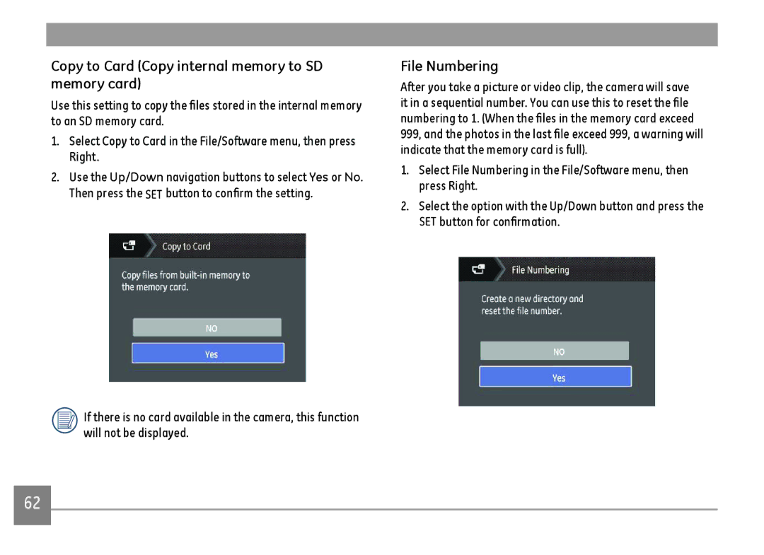 GE E1410SW-CR, E1410SW-BK, E1410SW-CP user manual Copy to Card Copy internal memory to SD memory card, File Numbering 