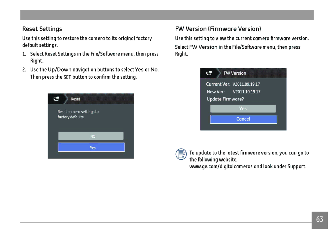 GE E1410SW-BK, E1410SW-CP, E1410SW-CR user manual Reset Settings, FW Version Firmware Version 