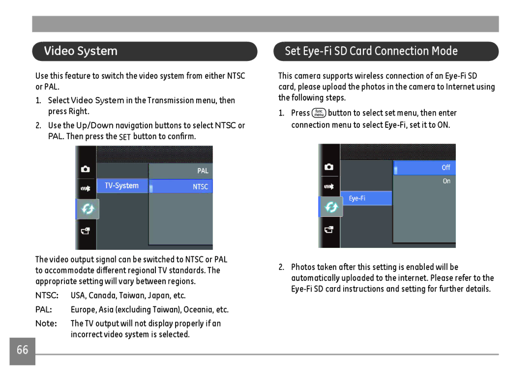 GE E1410SW-BK, E1410SW-CP, E1410SW-CR Set Eye-Fi SD Card Connection Mode, Connection menu to select Eye-Fi, set it to on 