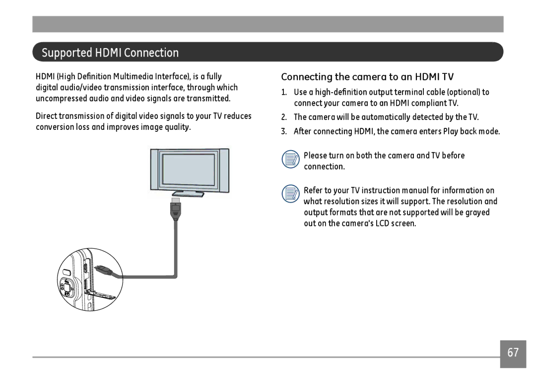 GE E1410SW-CP, E1410SW-BK, E1410SW-CR user manual Supported Hdmi Connection, Connecting the camera to an Hdmi TV 