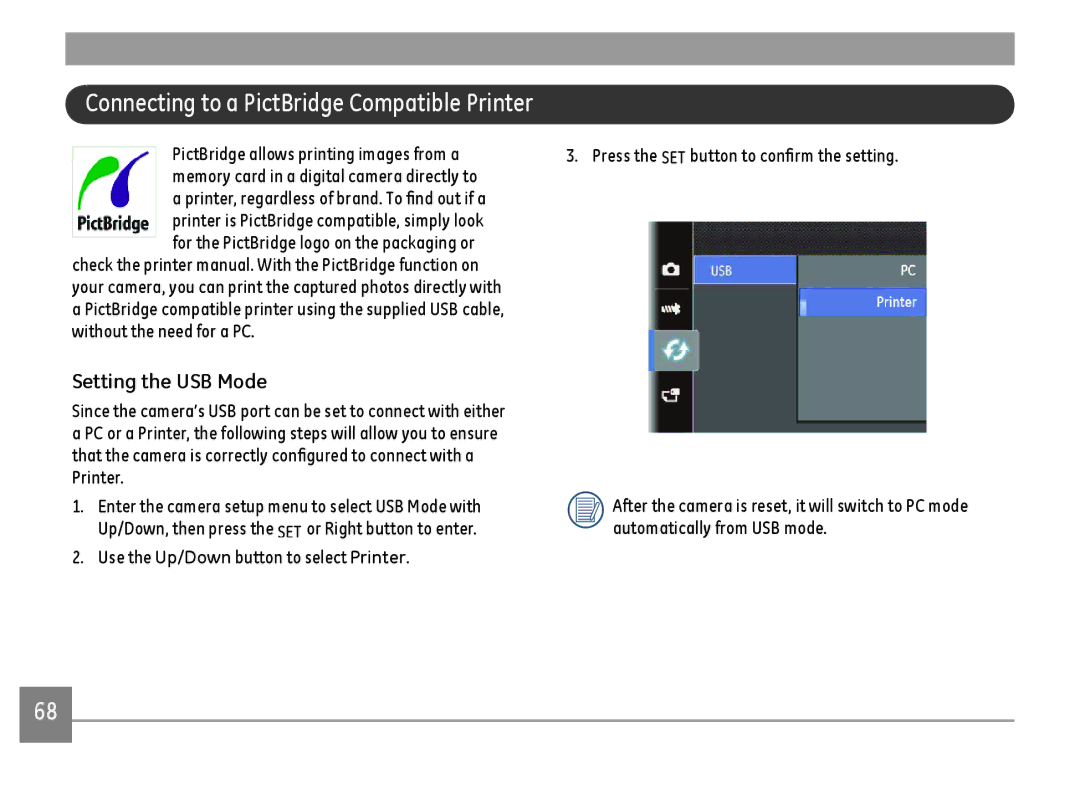 GE E1410SW-CR, E1410SW-BK, E1410SW-CP user manual Connecting to a PictBridge Compatible Printer 