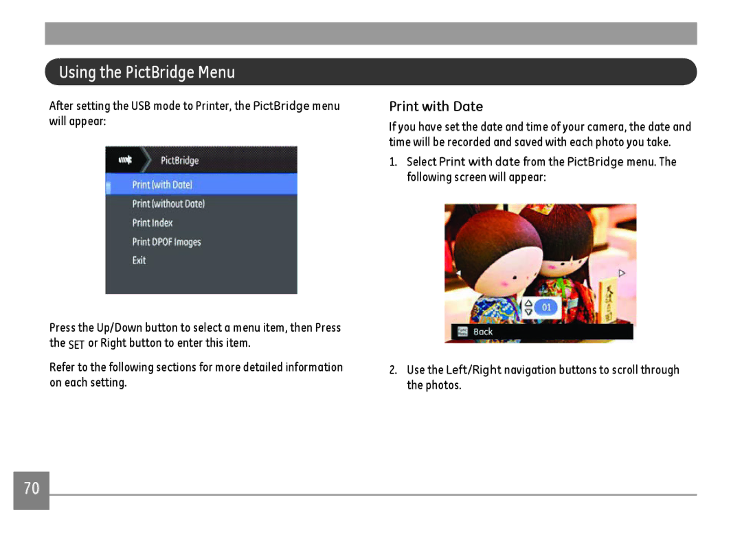 GE E1410SW-CP, E1410SW-BK, E1410SW-CR user manual Using the PictBridge Menu, Print with Date 