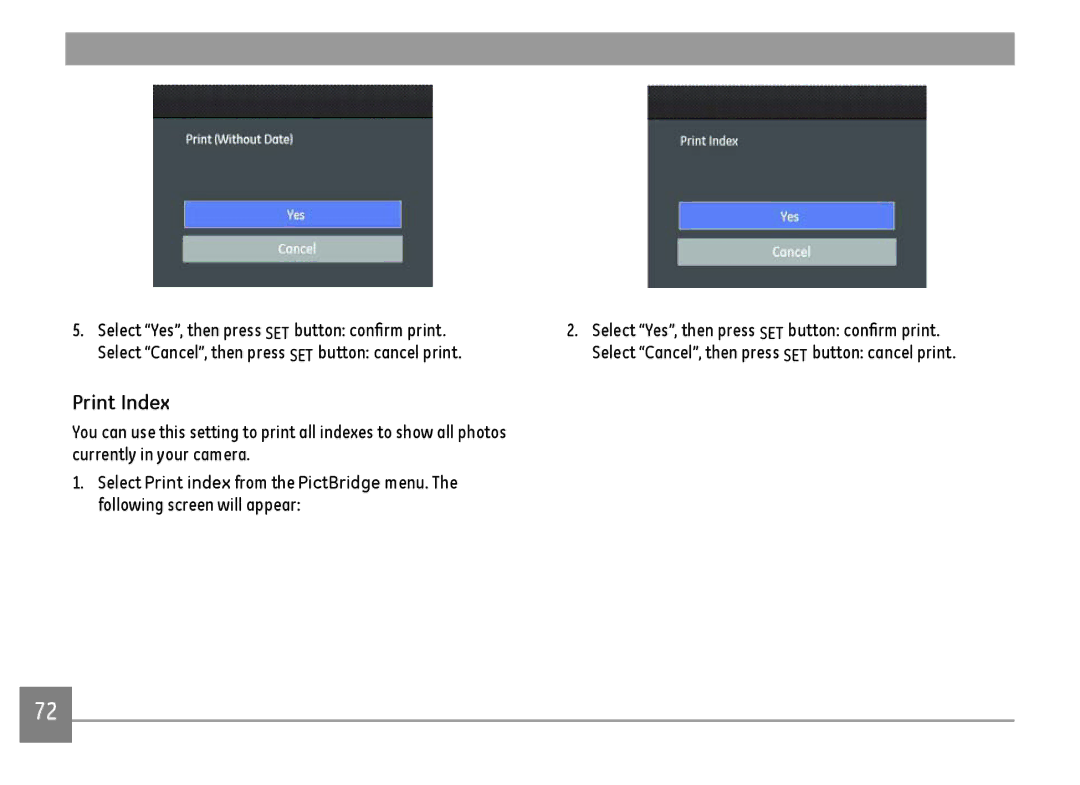 GE E1410SW-BK, E1410SW-CP, E1410SW-CR user manual Print Index, Select Yes, then press SET button confirm print 