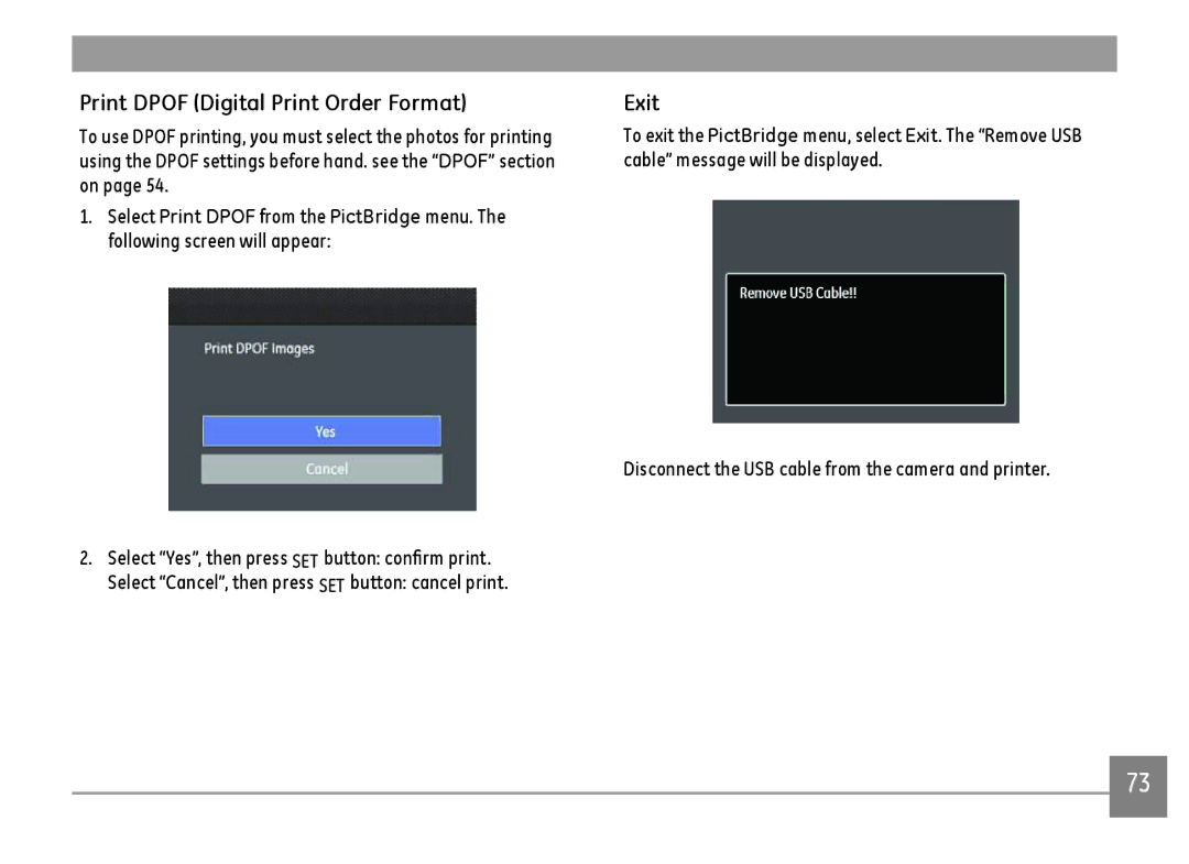 GE E1410SW-CP, E1410SW-BK, E1410SW-CR user manual Print Dpof Digital Print Order Format, Exit 