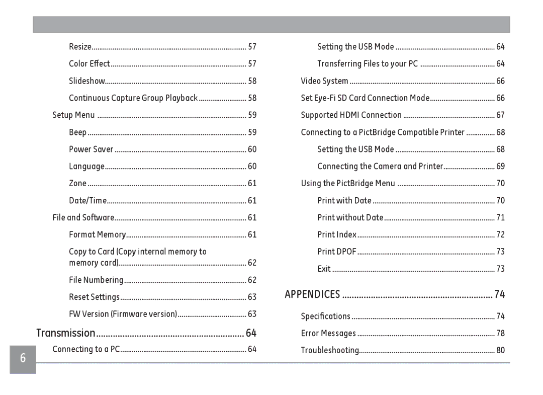 GE E1410SW-BK Connecting the Camera and Printer, Copy to Card Copy internal memory to, Connecting to a PC Troubleshooting 