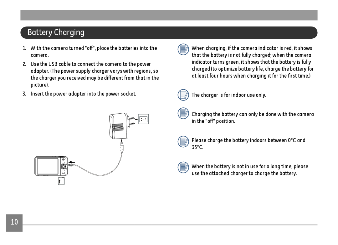 GE E1410SW-CP, E1410SW-BK, E1410SW-CR user manual Battery Charging 