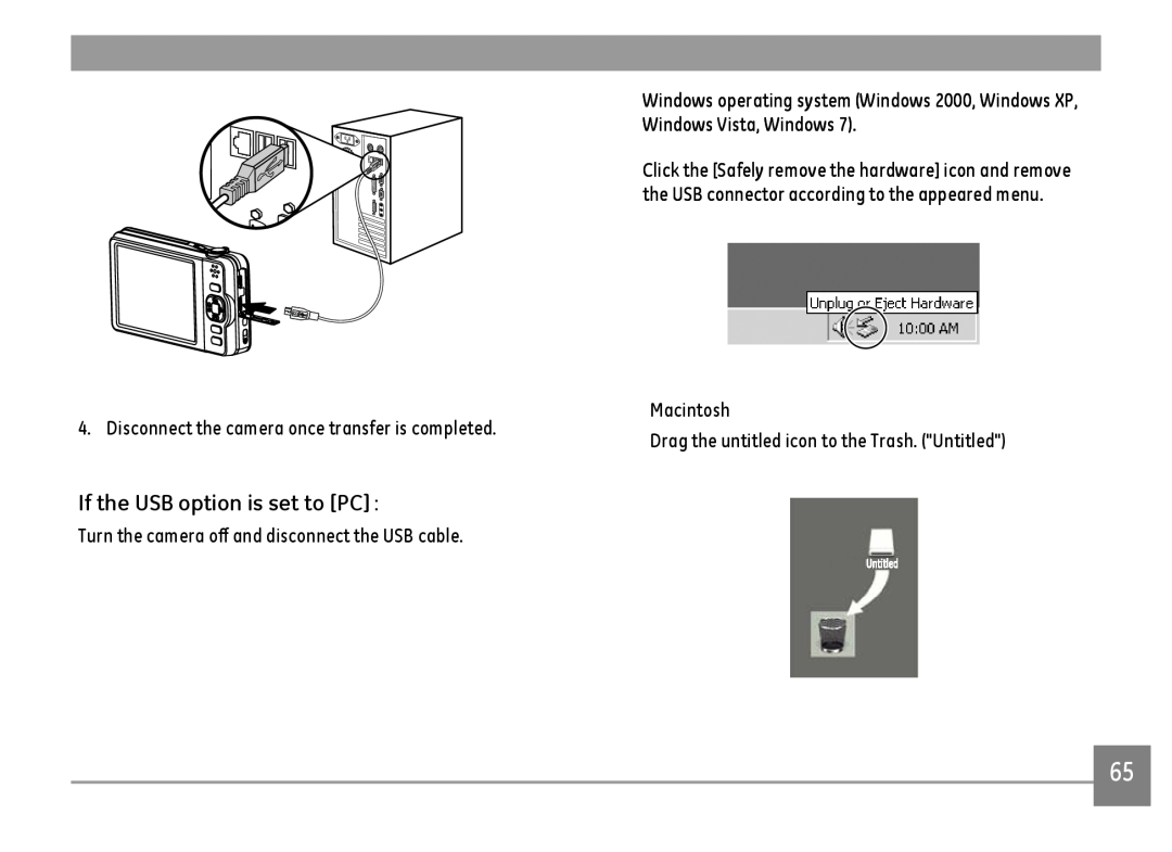 GE E1410SW-CR, E1410SW-BK, E1410SW-CP If the USB option is set to PC, Disconnect the camera once transfer is completed 