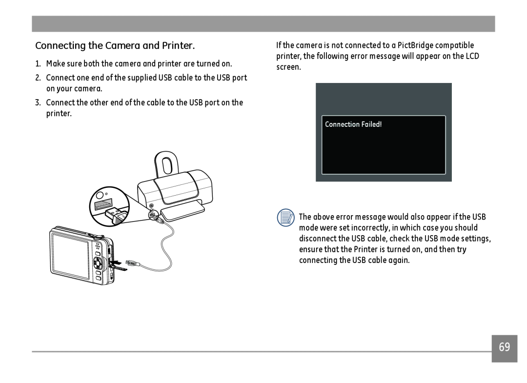 GE E1410SW-BK, E1410SW-CP, E1410SW-CR user manual Connecting the Camera and Printer 
