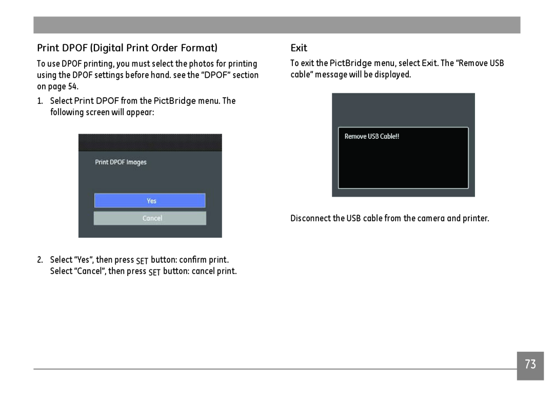 GE E1410SW-CP, E1410SW-BK, E1410SW-CR user manual Print DPOF Digital Print Order Format, Exit 