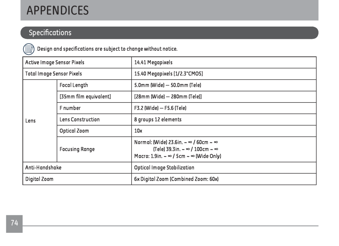 GE E1410SW-CR, E1410SW-BK, E1410SW-CP user manual Appendices, Specifications 