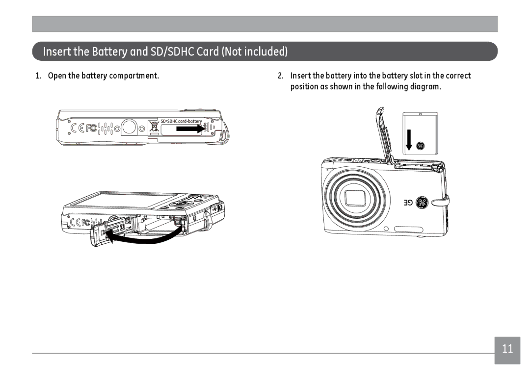 GE E1450WBK, E1450WSL, E1450WRD user manual Insert the Battery and SD/SDHC Card Not included, Open the battery compartment 