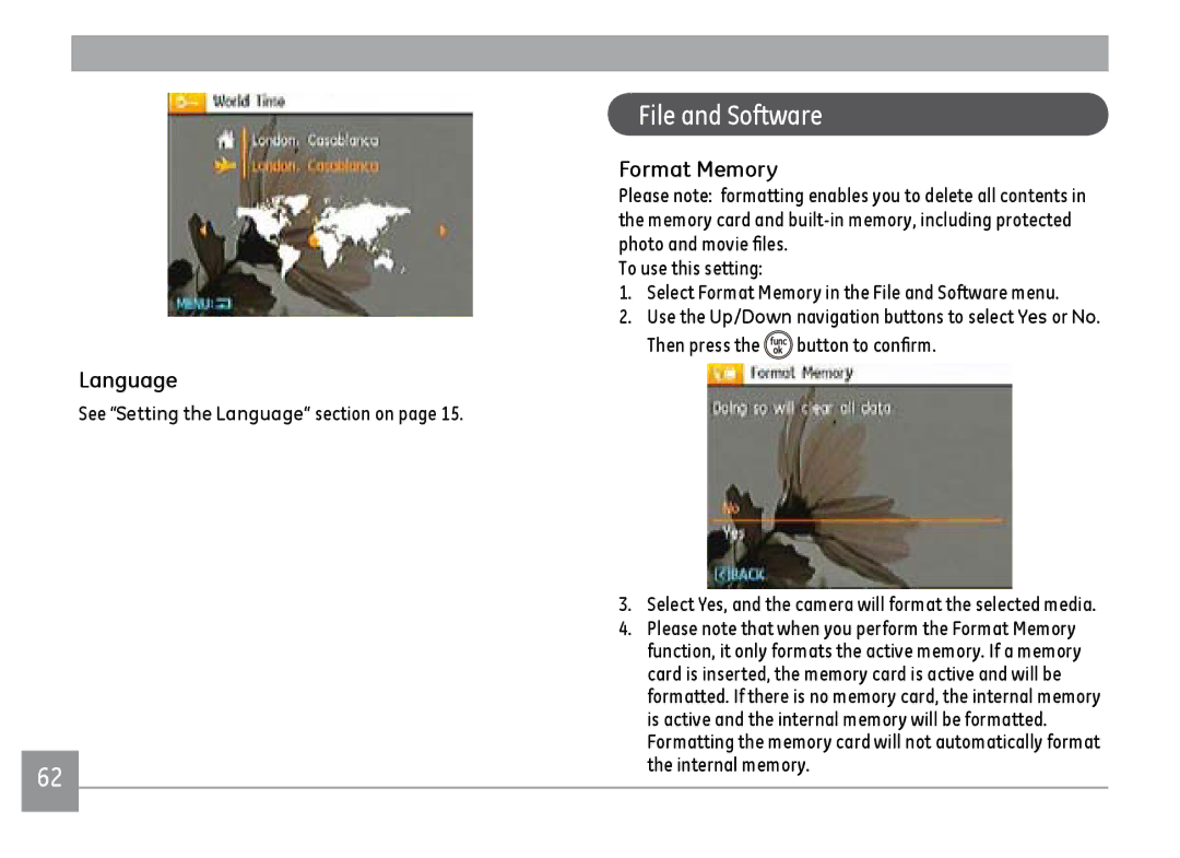 GE E1450WSL, E1450WBK, E1450WRD user manual File and Software, Format Memory, See Setting the Language section on 