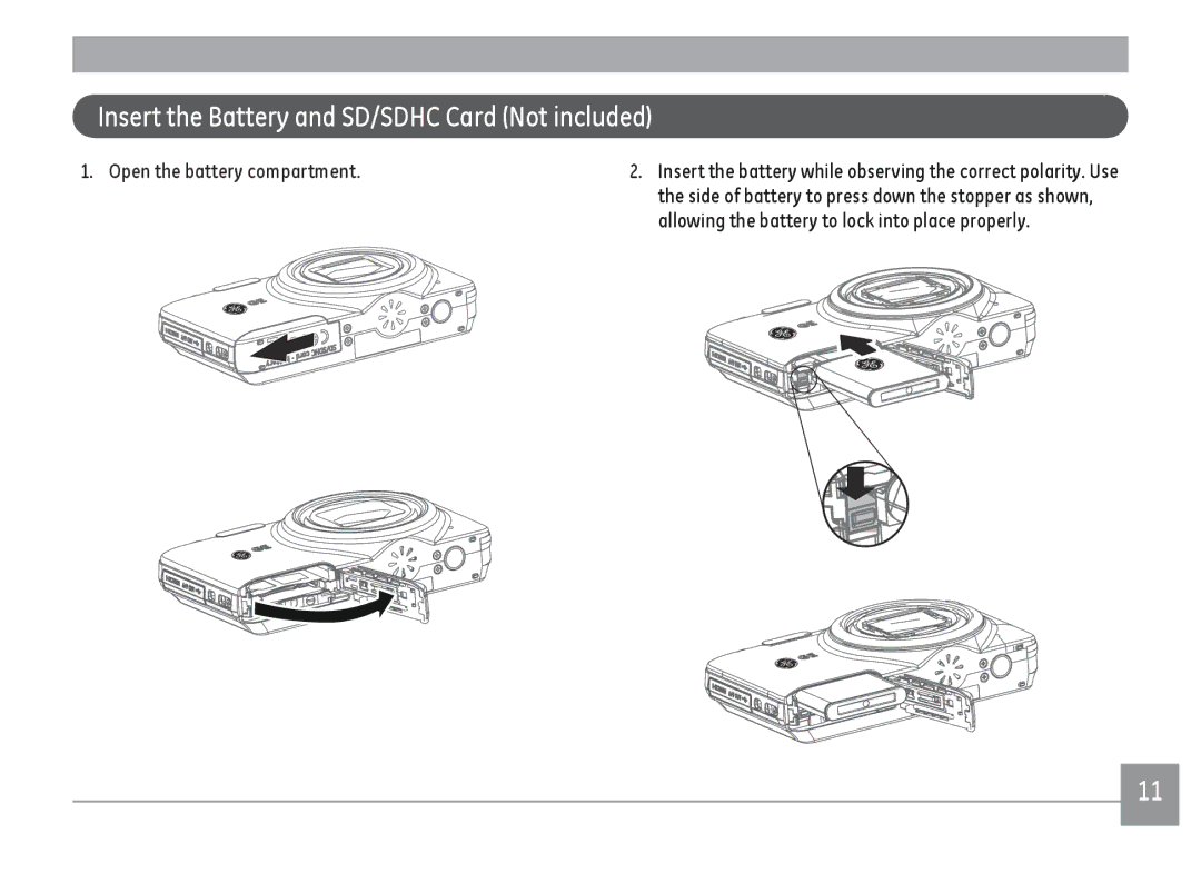 GE E1480WRD, E1480WSL, E1480W-SL, E148OW Insert the Battery and SD/SDHC Card Not included, Open the battery compartment 