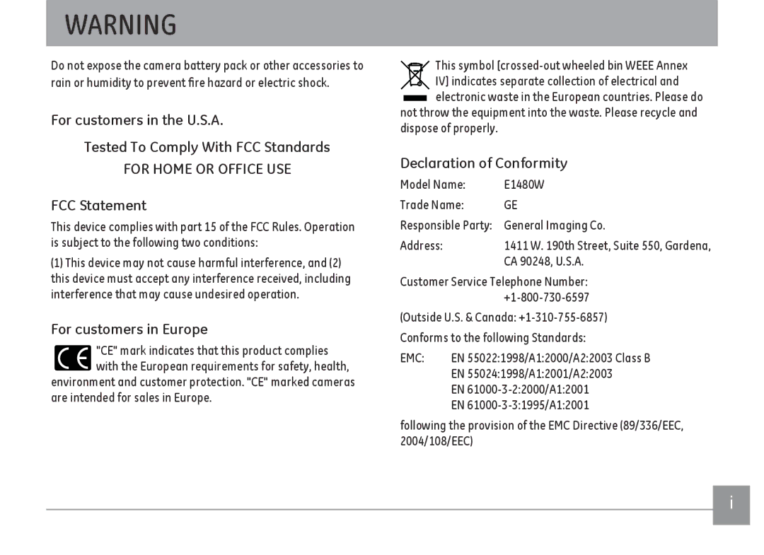 GE E1480WRD, E1480WSL, E1480W-SL, E148OW user manual FCC Statement, For customers in Europe, Declaration of Conformity 