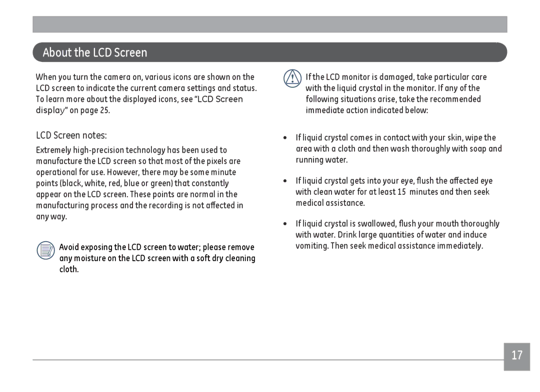 GE E1480WSL, E1480W-SL, E1480WRD, E148OW user manual About the LCD Screen, LCD Screen notes 