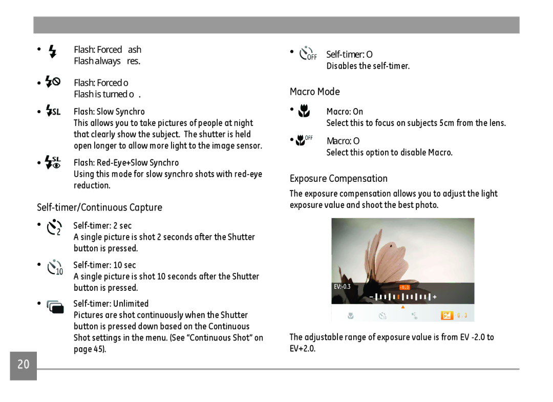 GE E148OW, E1480WSL, E1480W-SL, E1480WRD user manual Self-timer/Continuous Capture 