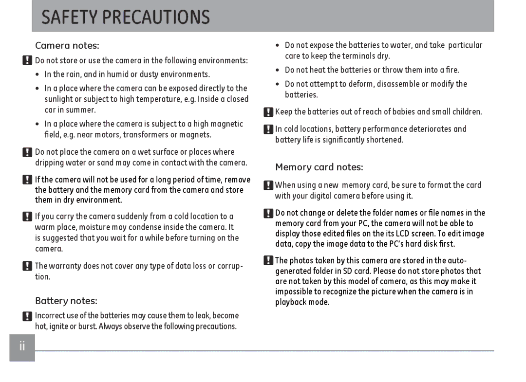 GE E148OW, E1480WSL, E1480W-SL, E1480WRD user manual Safety Precautions, Camera notes, Battery notes, Memory card notes 