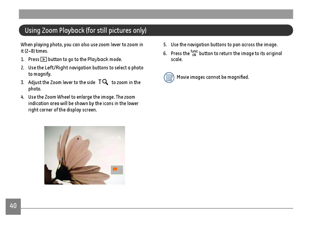 GE E148OW, E1480WSL, E1480W-SL, E1480WRD user manual Using Zoom Playback for still pictures only 