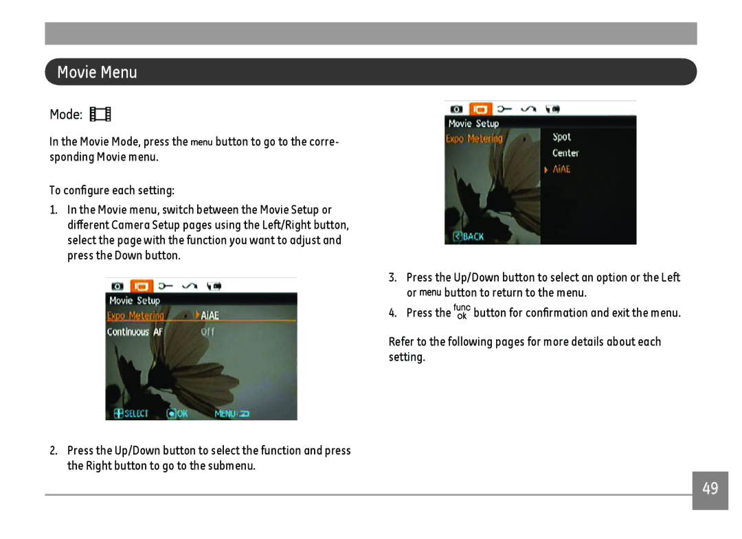 GE E1480WSL, E1480W-SL, E1480WRD, E148OW user manual Movie Menu 