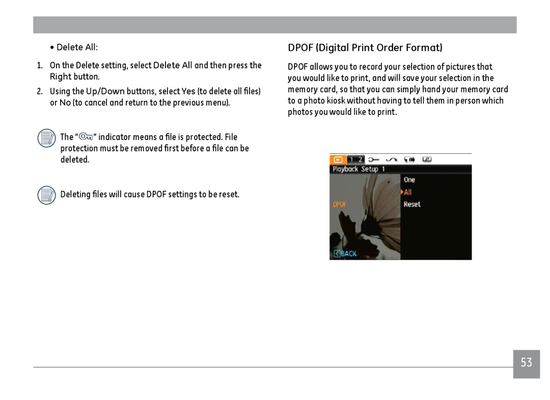 GE E1480WSL, E1480W-SL, E1480WRD, E148OW user manual Dpof Digital Print Order Format, Delete All 