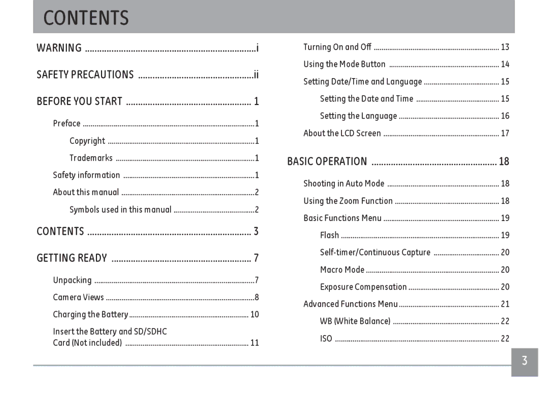 GE E1480WRD, E1480WSL, E1480W-SL, E148OW user manual Contents 