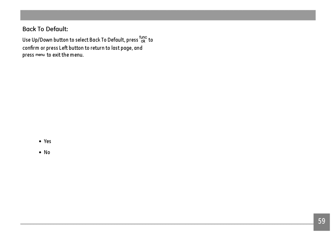 GE E1480WRD, E1480WSL, E1480W-SL, E148OW user manual Back To Default 