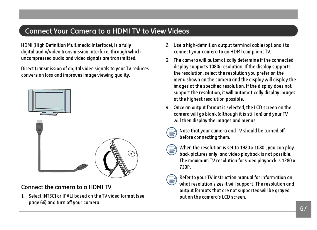 GE E1480WRD, E1480WSL, E1480W-SL, E148OW Connect Your Camera to a Hdmi TV to View Videos, Connect the camera to a Hdmi TV 