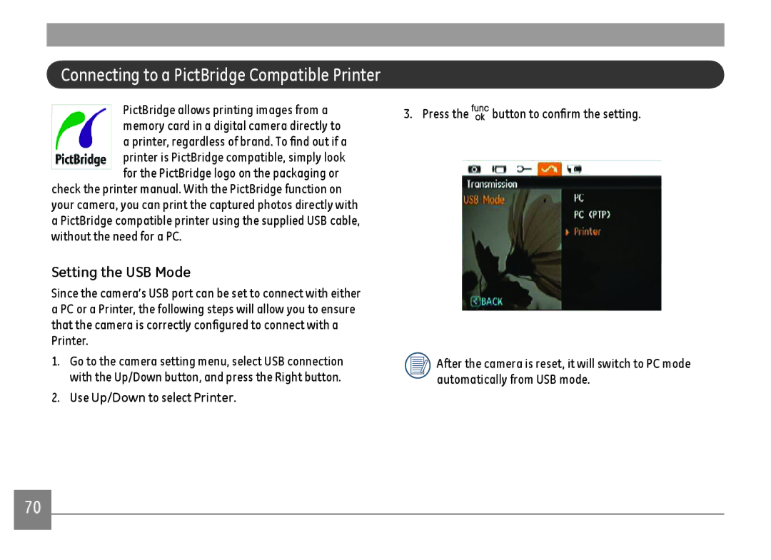 GE E1480W-SL, E1480WSL, E1480WRD, E148OW user manual Connecting to a PictBridge Compatible Printer 